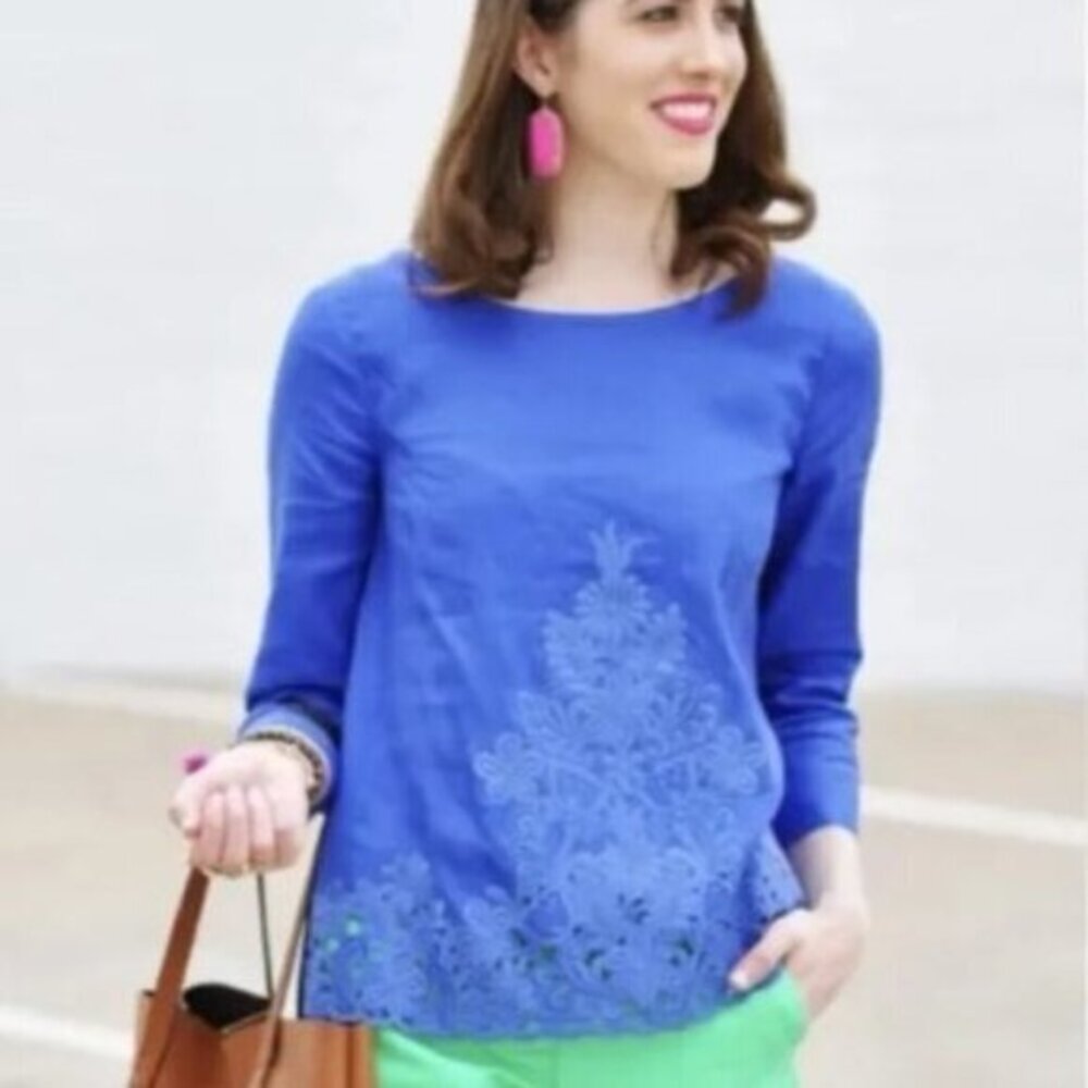 J. Crew Embroidered Floral 3/4 Sleeve Linen Blouse in Royal Blue Size 4